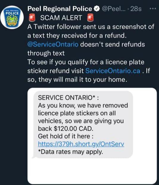 Police warn text message proposing refund for Ontario licence plate sticker is a scam