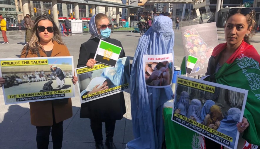 Hundreds of people gathered downtown to advocate for women's rights in Afghanistan