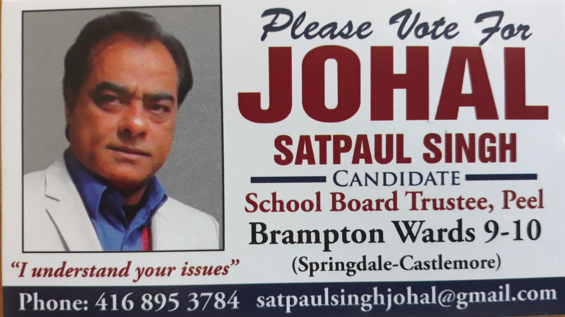 Satpal Singh Johal nominated as a School Trustee candidate from Wards 9 and 10 of Brampton