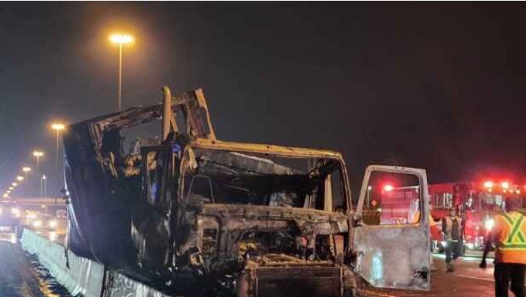 A transport truck caught fire after collision on Highway 401 in Pickering